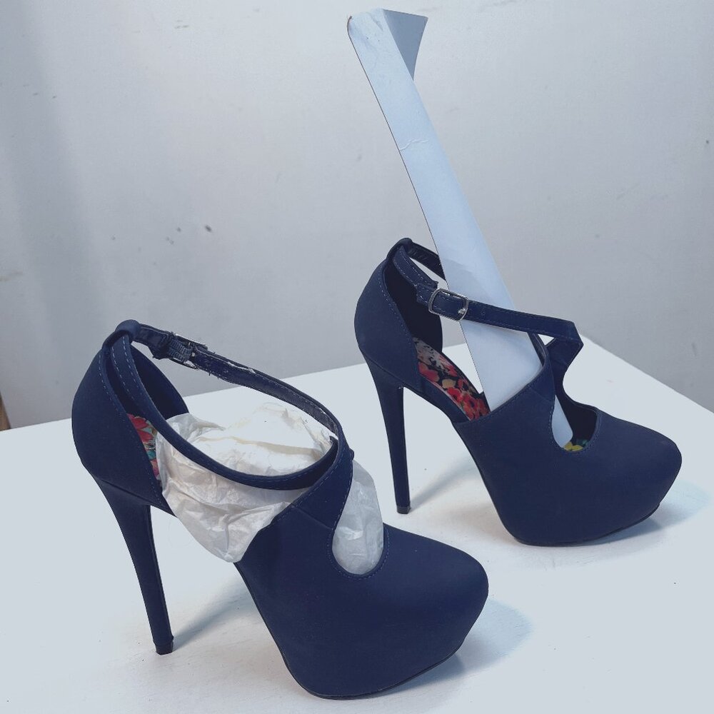 FUN  CROSS STRAPPED PLATFORM STILETO SHOES 6.5 Blue suede-ish